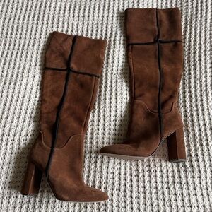 AD and Daughters Brown Knee High Suede Heeled Brown Boots Black Trim size 9